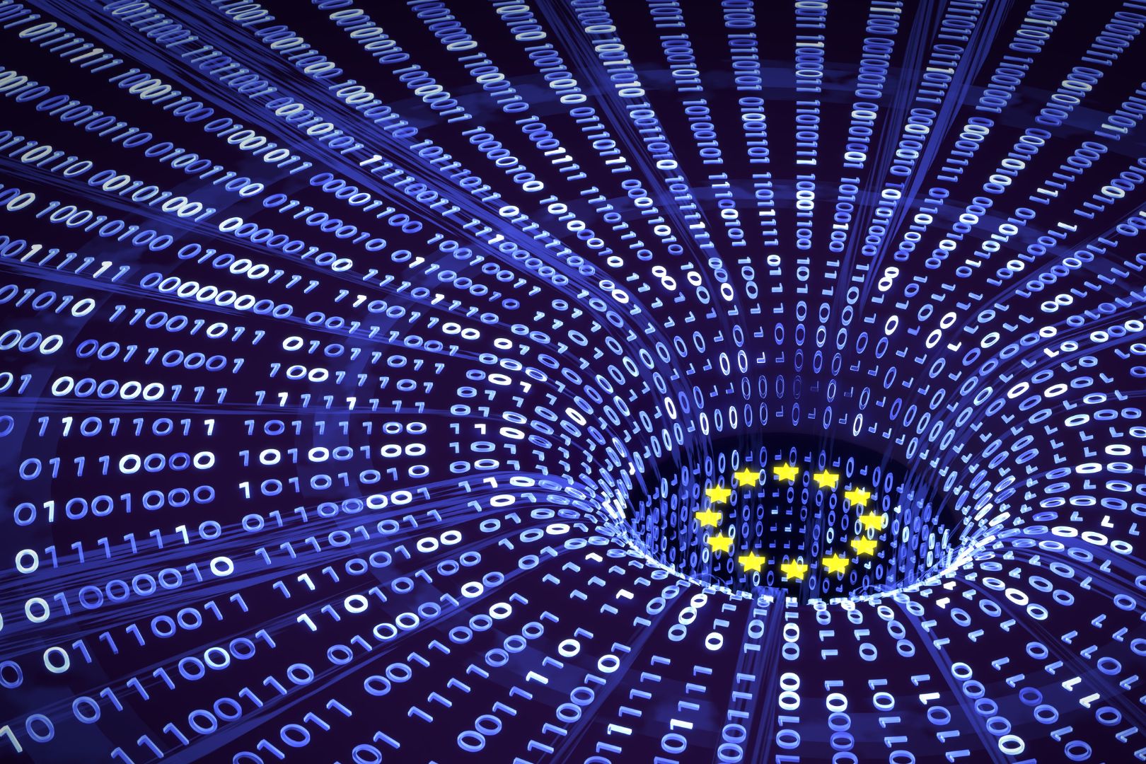 Visualisierung des EU Data Acts mit Binärcode-Strudel und Europasterne