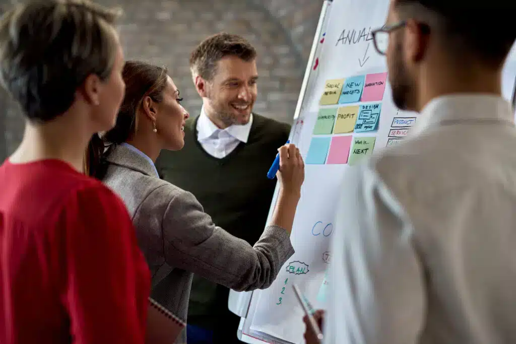 Agiles Team arbeitet gemeinsam an einem Unternehmensplan am Whiteboard