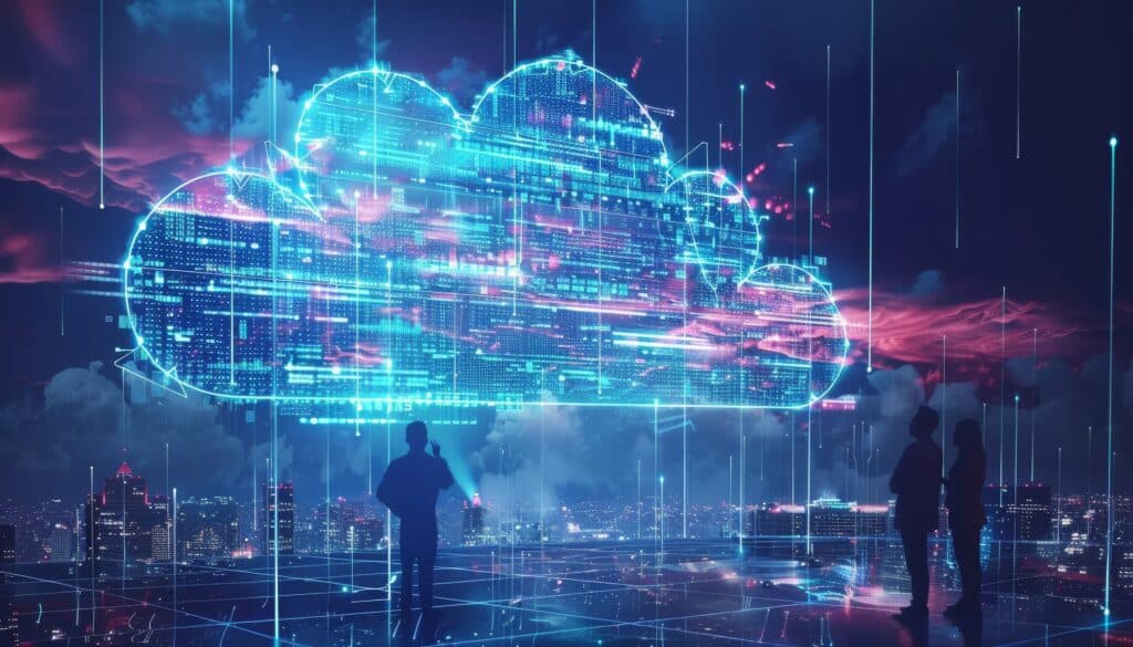 Digitale Cloud-Darstellung über futuristischer Stadtsilhouette