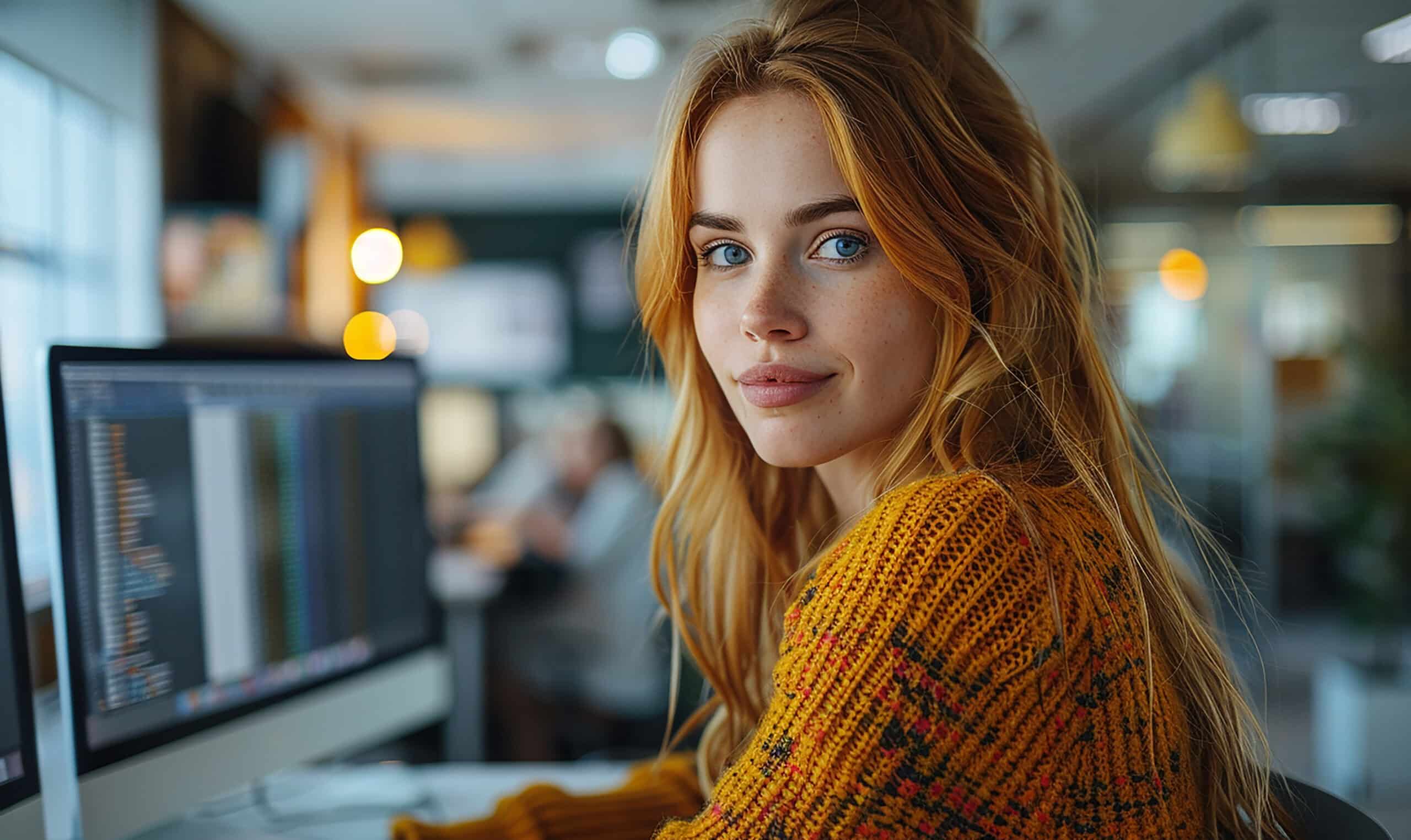 Junge Frau mit langen roten Haaren arbeitet an einem Computer im modernen Büro