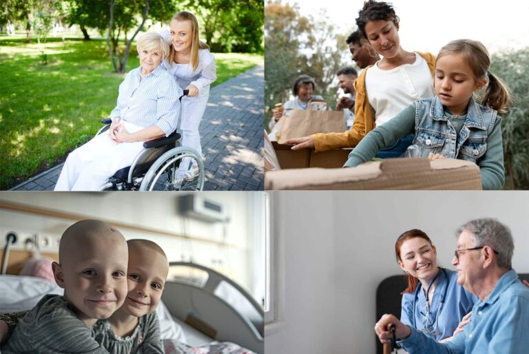 Soziales Engagement Collage mit Pflege, Kinderhilfe und Unterstützung im Krankenhaus
