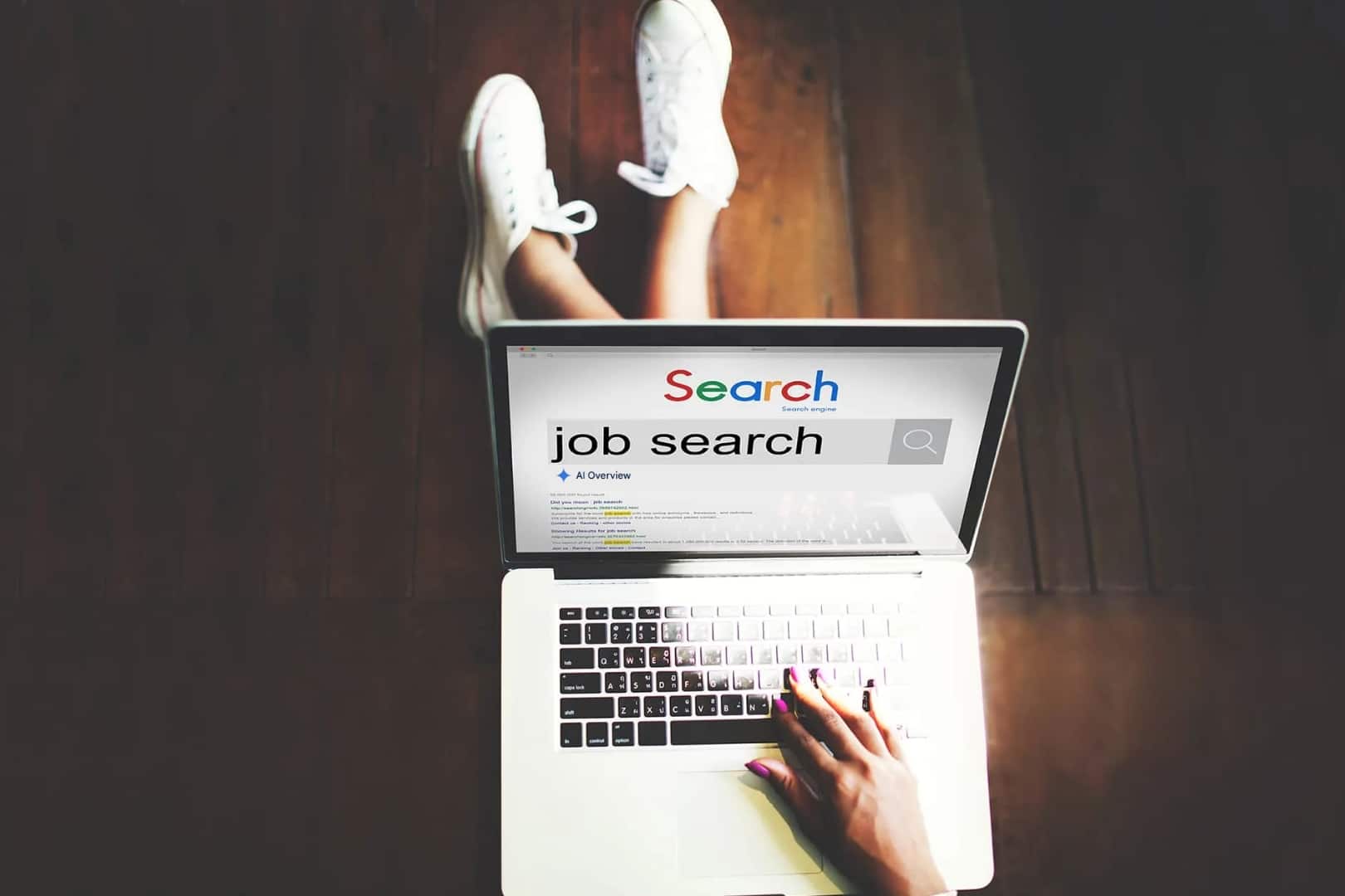Person sucht auf einem Laptop nach Jobs mit Hilfe von der KI-Suche