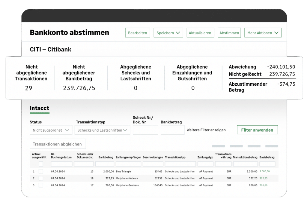 Dashboard zur Bankkontoabstimmung mit offenen und abgeglichenen Transaktionen