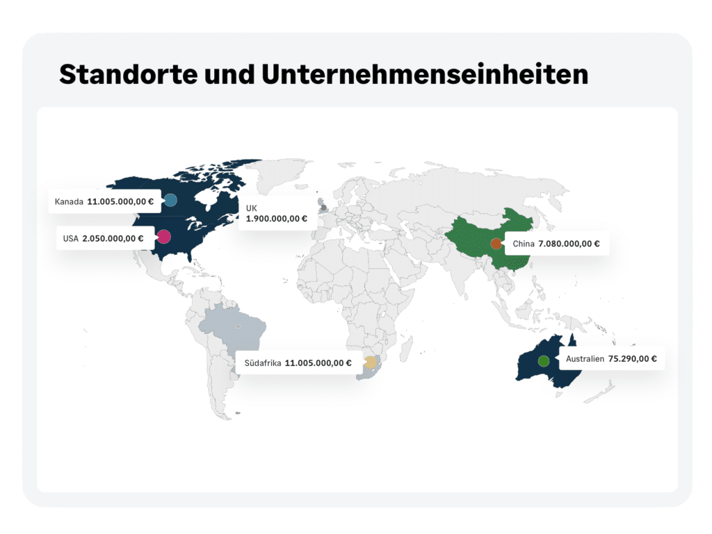 Standorte und Unternehmenseinheiten: Weltkarte mit markierten Unternehmensstandorten und Umsatzangaben