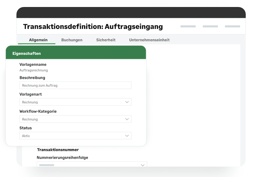 Maske zur Transaktionsdefinition mit Feldern für Vorlagenname und Workflow
