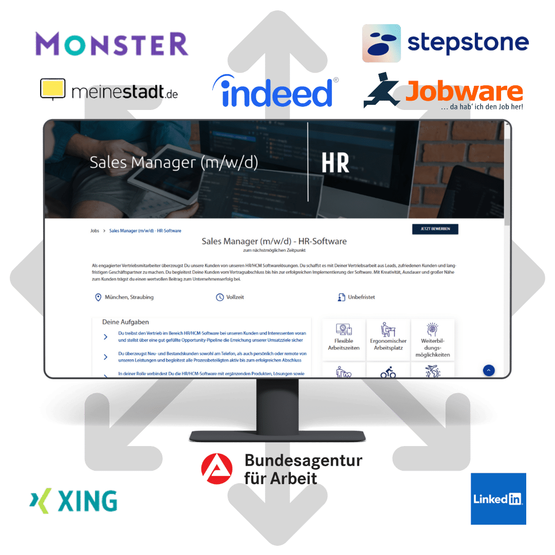 Monitor mit Karriereseite umgeben von Logos verschiedener Jobportale Multiposting