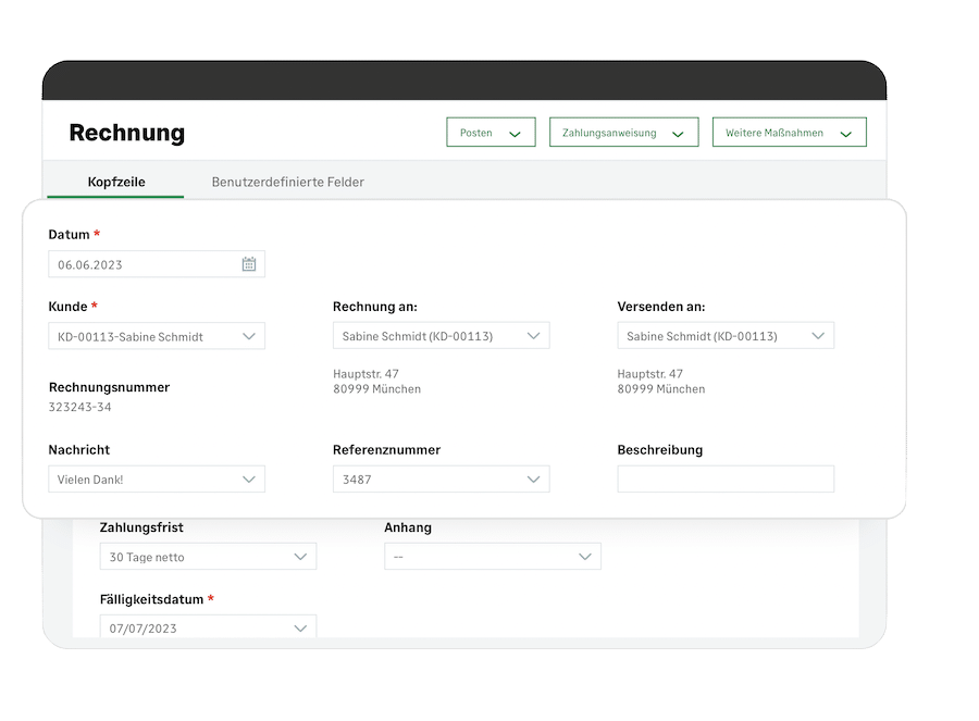 Rechnungsausgang in Sage Intacct: Digitale Rechnungsmaske mit Feldern für Kunde, Rechnungsnummer und Zahlungsfrist
