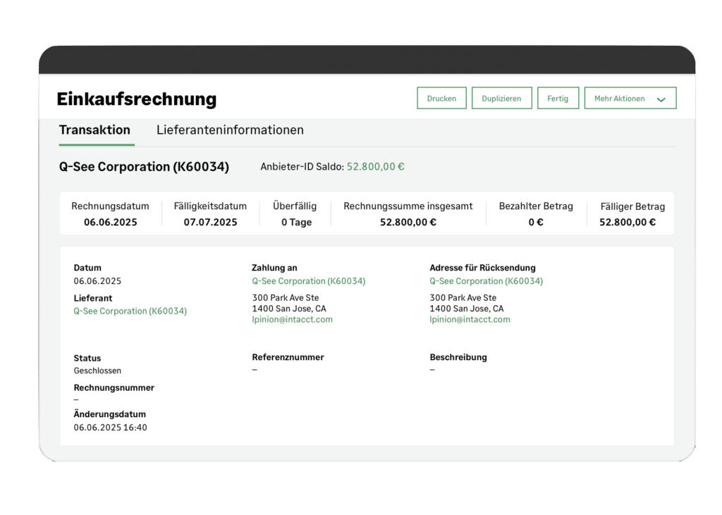 Detailansicht einer Einkaufsrechnung mit Transaktions- und Lieferantendaten