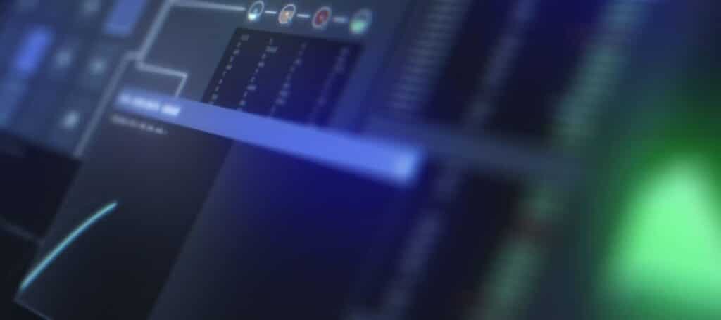 Unscharfe Nahaufnahme eines digitalen Dashboards mit Daten- und Interface-Elementen