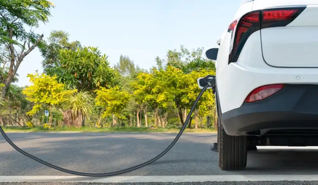 Nachhaltigkeit: Elektroauto an der Ladestation im Grünen
