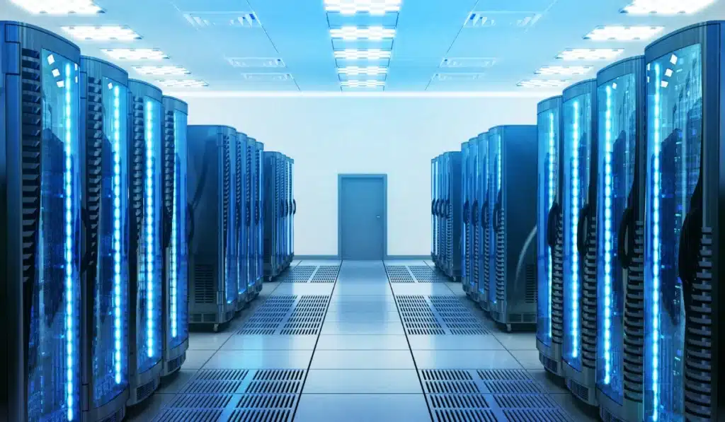 Nachhaltigkeit: Hochmodernes Rechenzentrum mit beleuchteten Serverracks